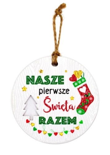 Ceramiczna zawieszka świąteczna z życzeniami pierwsze święta razem.jpeg