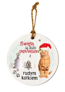 Ceramiczna zawieszka świąteczna bombka z kotem rudym
