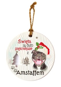 Ceramiczna zawieszka świąteczna bombka z psem rasy Amstaff