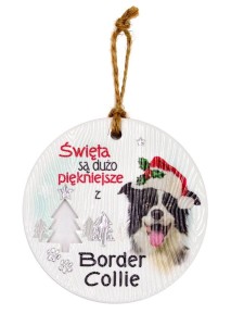 Ceramiczna zawieszka świąteczna bombka z psem rasy Border Collie