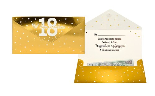 Złota koperta na pieniądze na 18 urodziny KOP-033 z cyfrą 18.jpg
