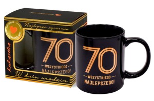 Kubek porcelanowy na 70 urodziny czarno-złoty dla kobiety męzczyzny