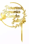 Topper na tort komunijny dla dziewczynki imię plexi złote lustro gołąb