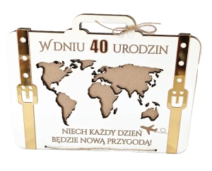 Drewniana kartka walizka na prezent z okazji 40 urodzin z kopertą