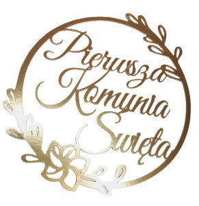 Topper na tort PIERWSZA KOMUNIA ŚWIĘTA złoty