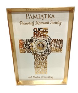 Pamiątka I komunii świętej ramka 3d ze złotym krzyżem i modlitwą Ojcze Nasz